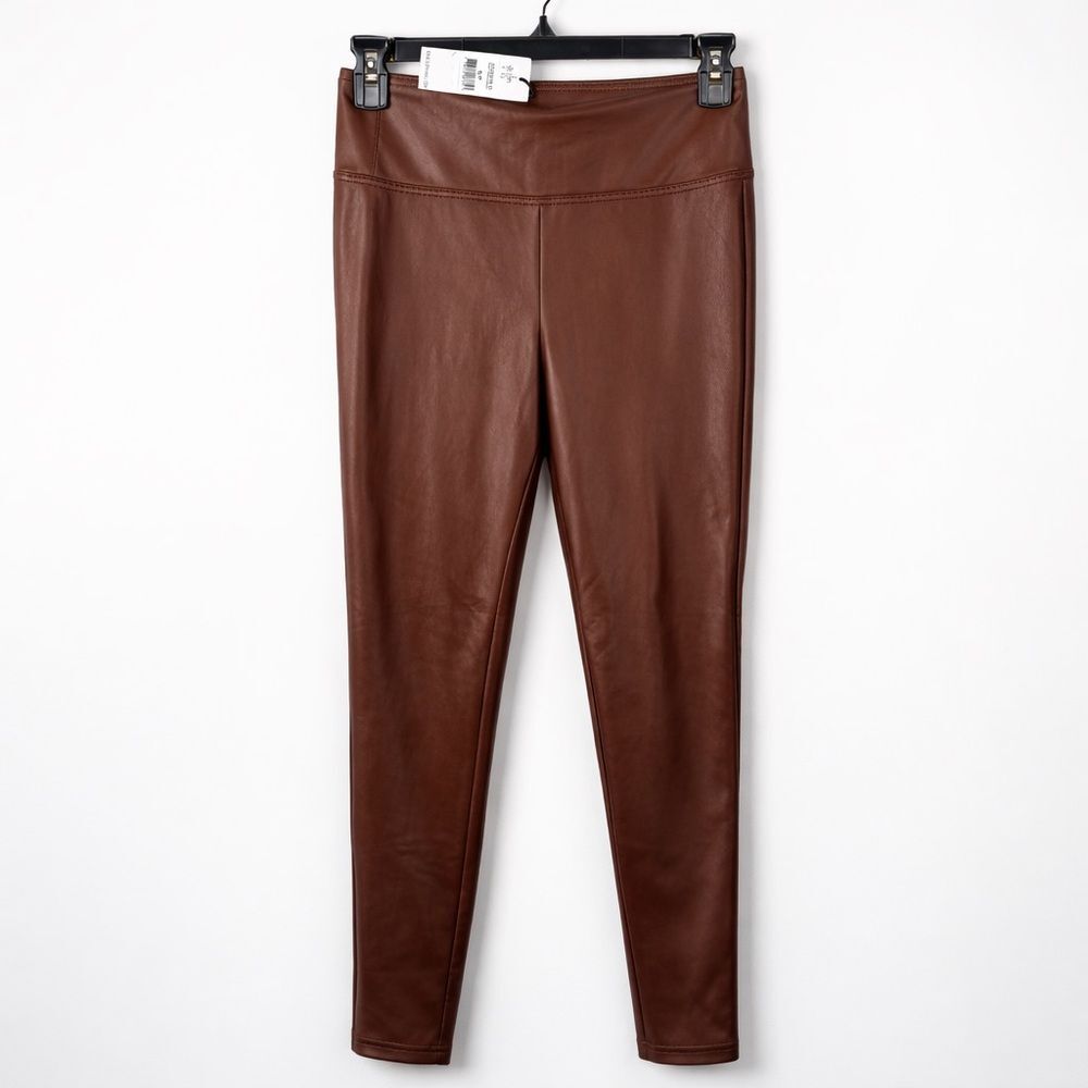Dex Dark Camel Faux Leather Chocolate Brown Leggings Stretchy Pants High Rise